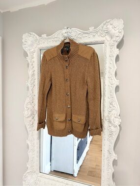 Ralph Lauren Women’s Tan Brown Button-Up Knit Patch Shoulder Cardigan Sweater